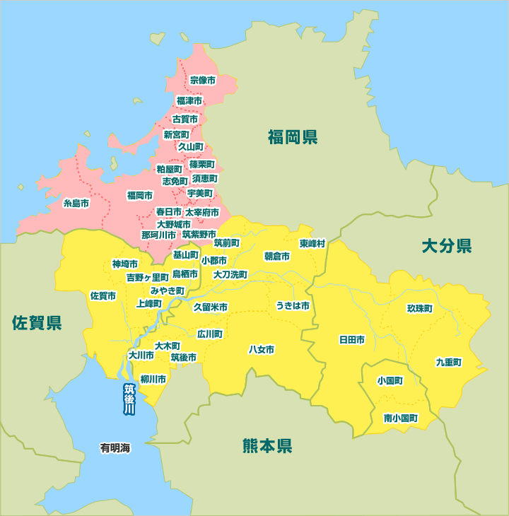 福岡都市圏(17市町で構成)の地図